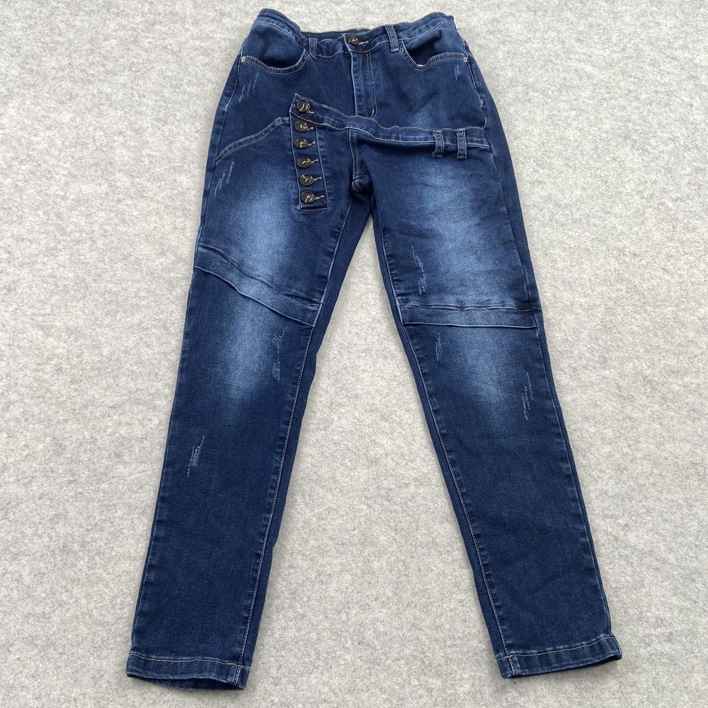 Flamingo Straight Jeans Womens S (26x27) Blue Med Wash High Rise Button Strap